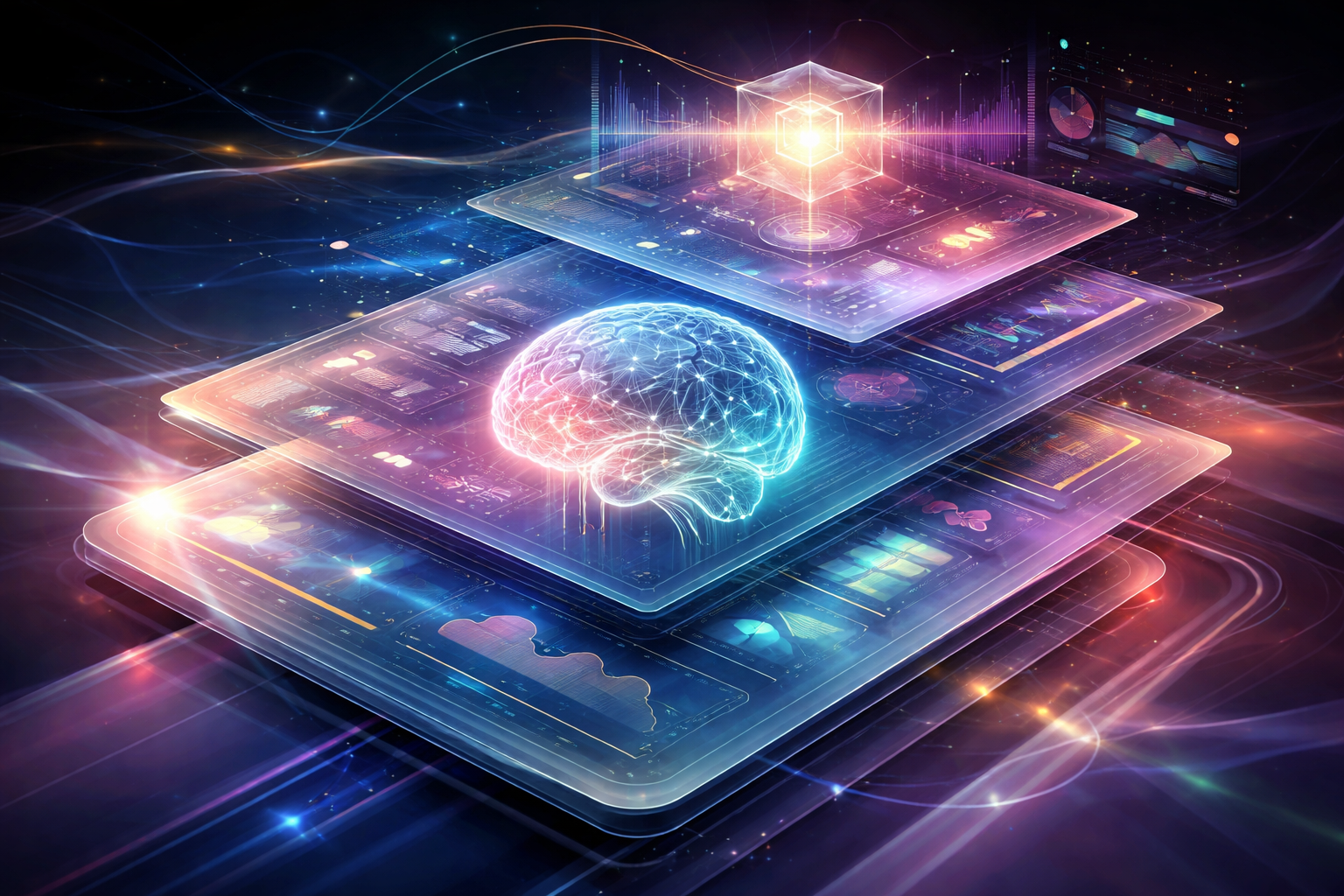 A diverse business team collaborates on projects in a modern office setting, using technology and notes.