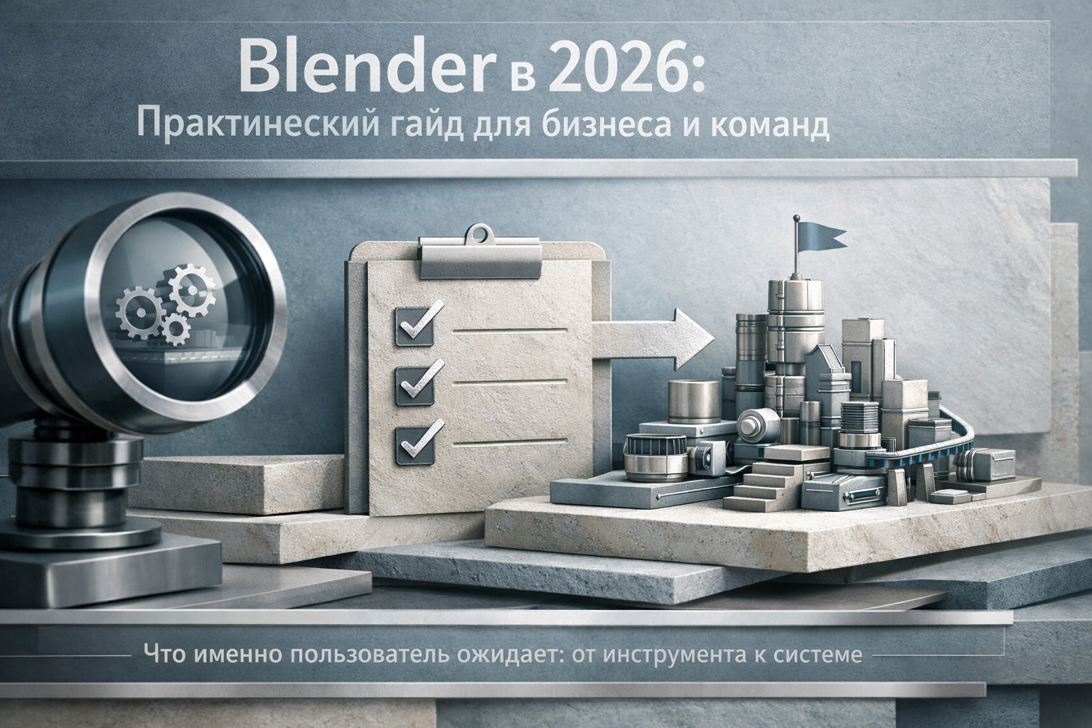 Architectural elevation scene with layered frames, structural rhythm, and editorial poster discipline. Article title: "Blender в 2026: Практический гайд для бизнеса и команд". Section focus: "Что именно пользователь ожидает: от инструмента к системе". Concrete concept to visualize: именно, пользователь, ожидает, инструмента, системе. Invent a specific metaphor tied to this section only; do not fall back to generic AI brains, neon circuits, or random dashboards. Color direction: fog blue, desaturated teal, silver accents, pale stone. Camera: close-up 50mm product editorial shot, shallow depth but readable scene hierarchy. Use tactile materials, layered objects, visual hierarchy, and premium editorial polish like a cover story interior spread. No people, no faces, no hands, no readable UI text, no logos, no watermark, no empty dark voids. 16:9 landscape.