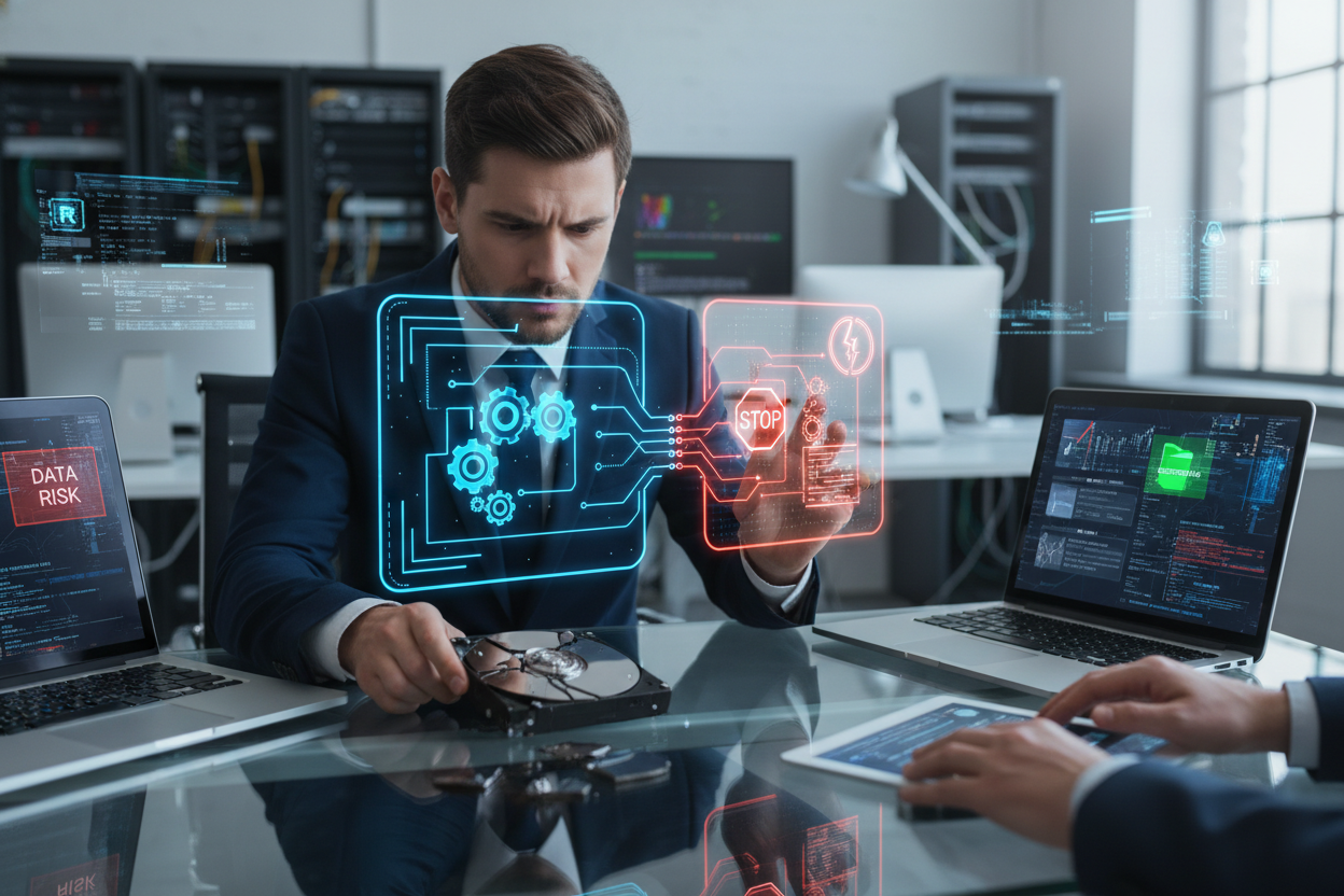 Editorial section illustration for "Сценарии и реалистичность: логика vs физика" in context of "Recuva и альтернативы: как выбрать data recovery software, когда данные уже под угрозой". Subject-focused composition, realistic business environment, crisp details, natural contrast, no text, no watermark, no logo, no empty background, 16:9.