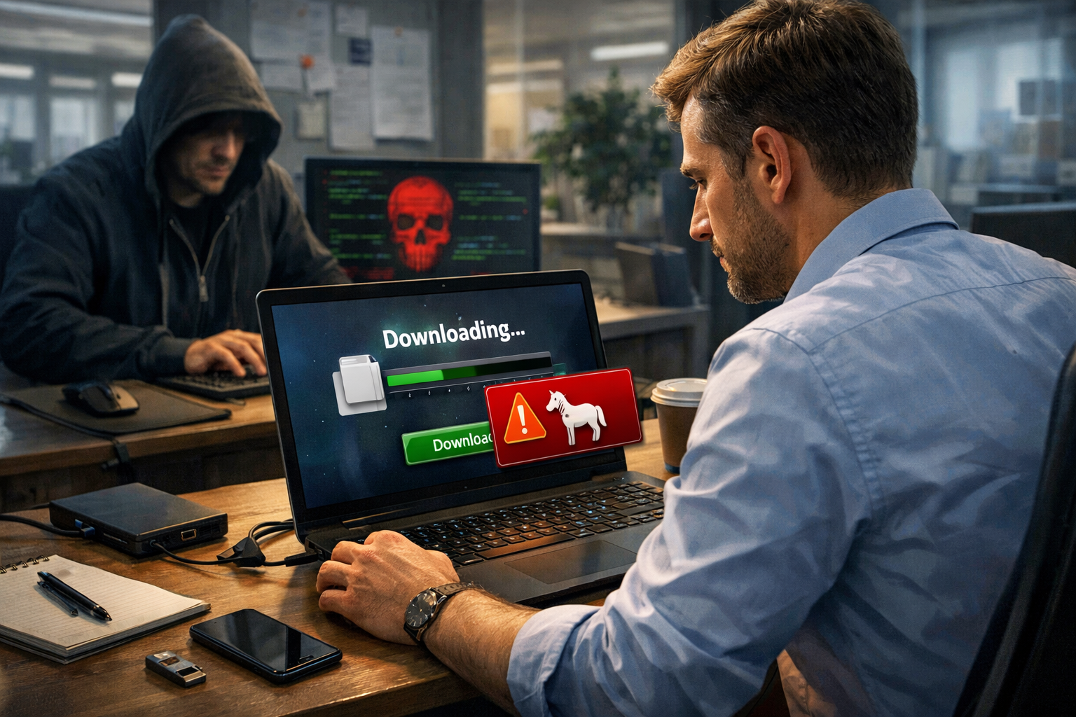 Editorial section illustration for "Проблема не в скорости, а в доверии к источнику" in context of "Безопасные загрузки: Как не поймать троян вместо софта". Subject-focused composition, realistic business environment, crisp details, natural contrast, no text, no watermark, no logo, no empty background, 16:9.