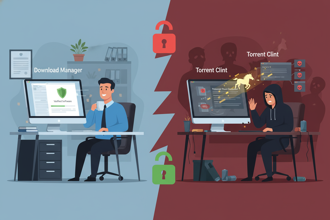 Editorial section illustration for "Download manager vs Torrent: Когда что выбирать" in context of "Безопасные загрузки: Как не поймать троян вместо софта". Subject-focused composition, realistic business environment, crisp details, natural contrast, no text, no watermark, no logo, no empty background, 16:9.