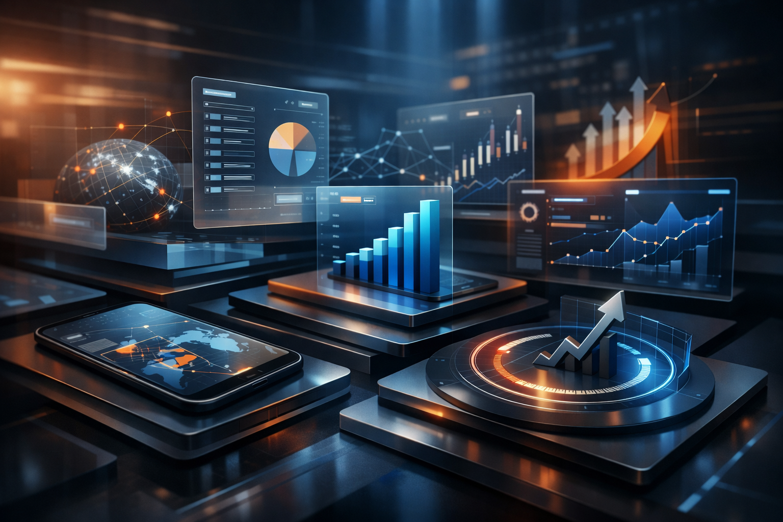 A diverse business team collaborates on projects in a modern office setting, using technology and notes.