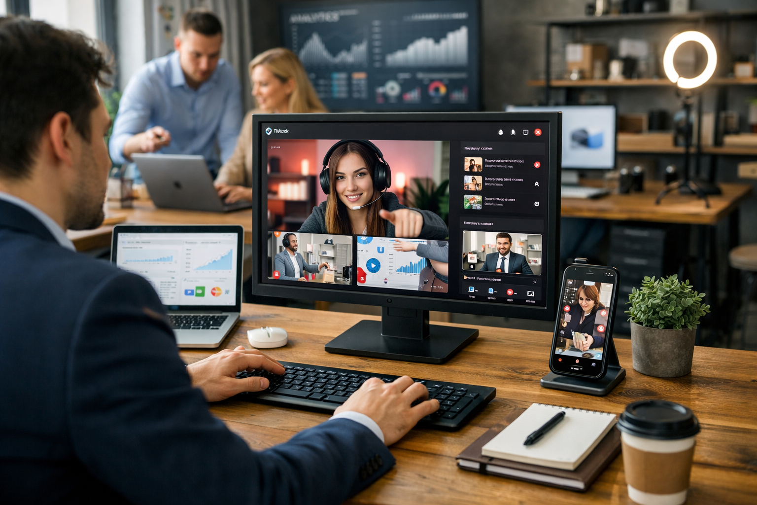 Editorial section illustration for "Что именно пользователь ожидает по этому запросу" in context of "TikTok на ПК в 2026: рабочий сценарий для бизнеса и альтернативы". Subject-focused composition, realistic business environment, crisp details, natural contrast, no text, no watermark, no logo, no empty background, 16:9.