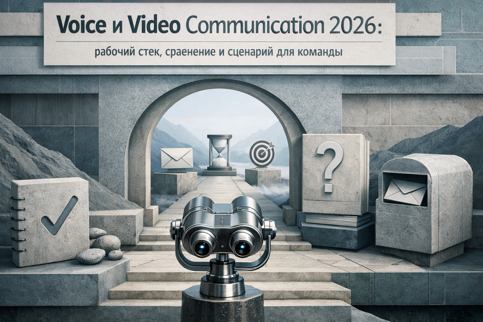 Architectural elevation scene with layered frames, structural rhythm, and editorial poster discipline. Article title: "Voice и Video Communication 2026: рабочий стек, сравнение и сценарий для команды". Section focus: "Что именно пользователь ожидает по этому запросу". Concrete concept to visualize: именно, пользователь, ожидает, этому, запросу. Invent a specific metaphor tied to this section only; do not fall back to generic AI brains, neon circuits, or random dashboards. Color direction: fog blue, desaturated teal, silver accents, pale stone. Camera: elevated 35mm view with strong leading lines and clear foreground-midground-background separation. Use tactile materials, layered objects, visual hierarchy, and premium editorial polish like a cover story interior spread. No people, no faces, no hands, no readable UI text, no logos, no watermark, no empty dark voids. 16:9 landscape.