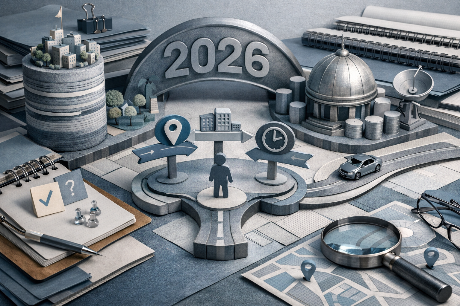 Miniature diorama built from real business objects, tactile textures, warm controlled light, and handcrafted realism. Article title: "2ГИС в 2026: практический разбор альтернатив и рабочий сценарий". Section focus: "Что именно пользователь ожидает от 2ГИС в 2026". Concrete concept to visualize: именно, пользователь, ожидает, 2ГИС, 2026. Invent a specific metaphor tied to this section only; do not fall back to generic AI brains, neon circuits, or random dashboards. Color direction: cool slate, pearl white, muted cyan, brushed steel. Camera: elevated 35mm view with strong leading lines and clear foreground-midground-background separation. Use tactile materials, layered objects, visual hierarchy, and premium editorial polish like a cover story interior spread. No people, no faces, no hands, no readable UI text, no logos, no watermark, no empty dark voids. 16:9 landscape.