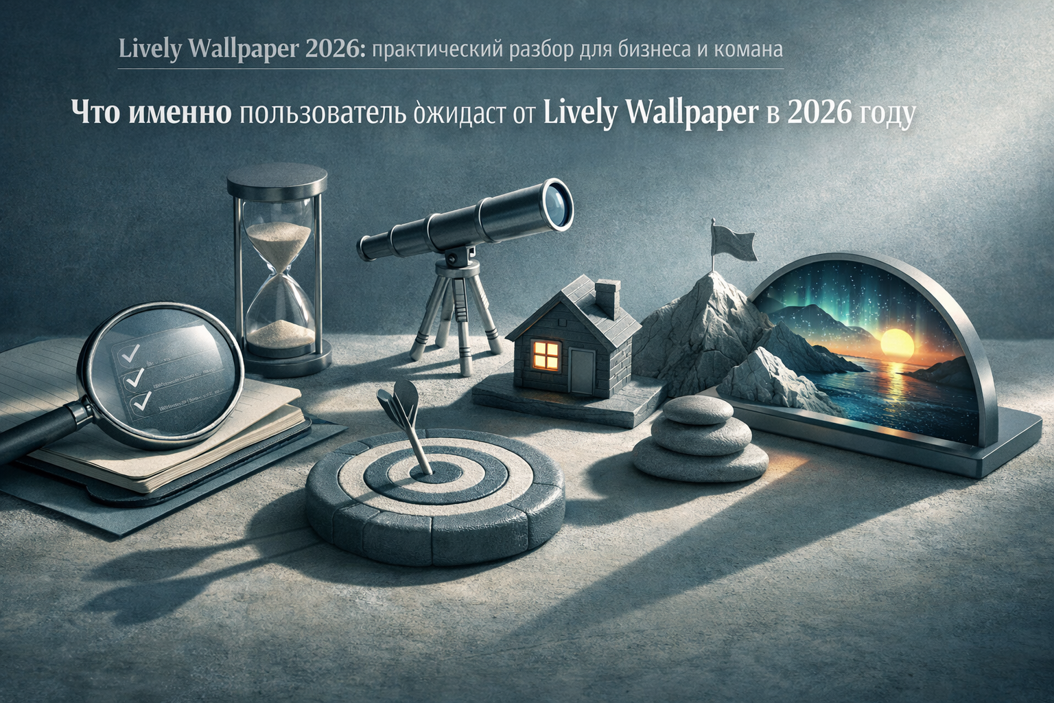 Top-down strategy table scene with symbolic objects, long directional shadows, and deliberate negative space. Article title: "Lively Wallpaper 2026: практический разбор для бизнеса и команд". Section focus: "Что именно пользователь ожидает от Lively Wallpaper в 2026 году". Concrete concept to visualize: именно, пользователь, ожидает, Lively, Wallpaper. Invent a specific metaphor tied to this section only; do not fall back to generic AI brains, neon circuits, or random dashboards. Color direction: fog blue, desaturated teal, silver accents, pale stone. Camera: side-on studio composition with dramatic rim light and subtle volumetric atmosphere. Use tactile materials, layered objects, visual hierarchy, and premium editorial polish like a cover story interior spread. No people, no faces, no hands, no readable UI text, no logos, no watermark, no empty dark voids. 16:9 landscape.
