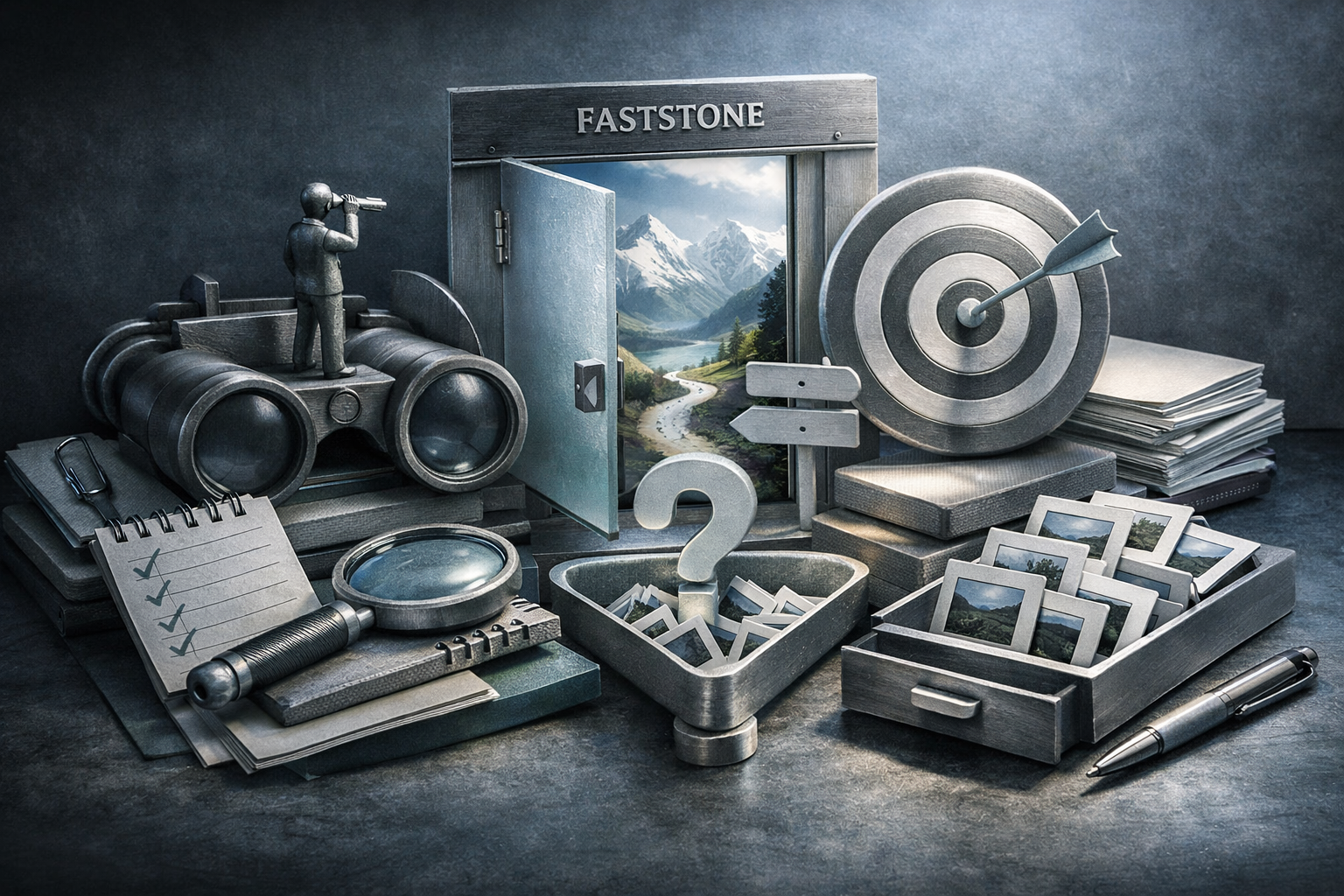 Miniature diorama built from real business objects, tactile textures, warm controlled light, and handcrafted realism. Article title: "FastStone Image Viewer в 2026: стратегия выбора, риски и рабочий сценарий для бизнеса". Section focus: "Что именно пользователь ожидает по запросу FastStone Image Viewer". Concrete concept to visualize: именно, пользователь, ожидает, запросу, FastStone. Invent a specific metaphor tied to this section only; do not fall back to generic AI brains, neon circuits, or random dashboards. Color direction: cool slate, pearl white, muted cyan, brushed steel. Camera: side-on studio composition with dramatic rim light and subtle volumetric atmosphere. Use tactile materials, layered objects, visual hierarchy, and premium editorial polish like a cover story interior spread. No people, no faces, no hands, no readable UI text, no logos, no watermark, no empty dark voids. 16:9 landscape.