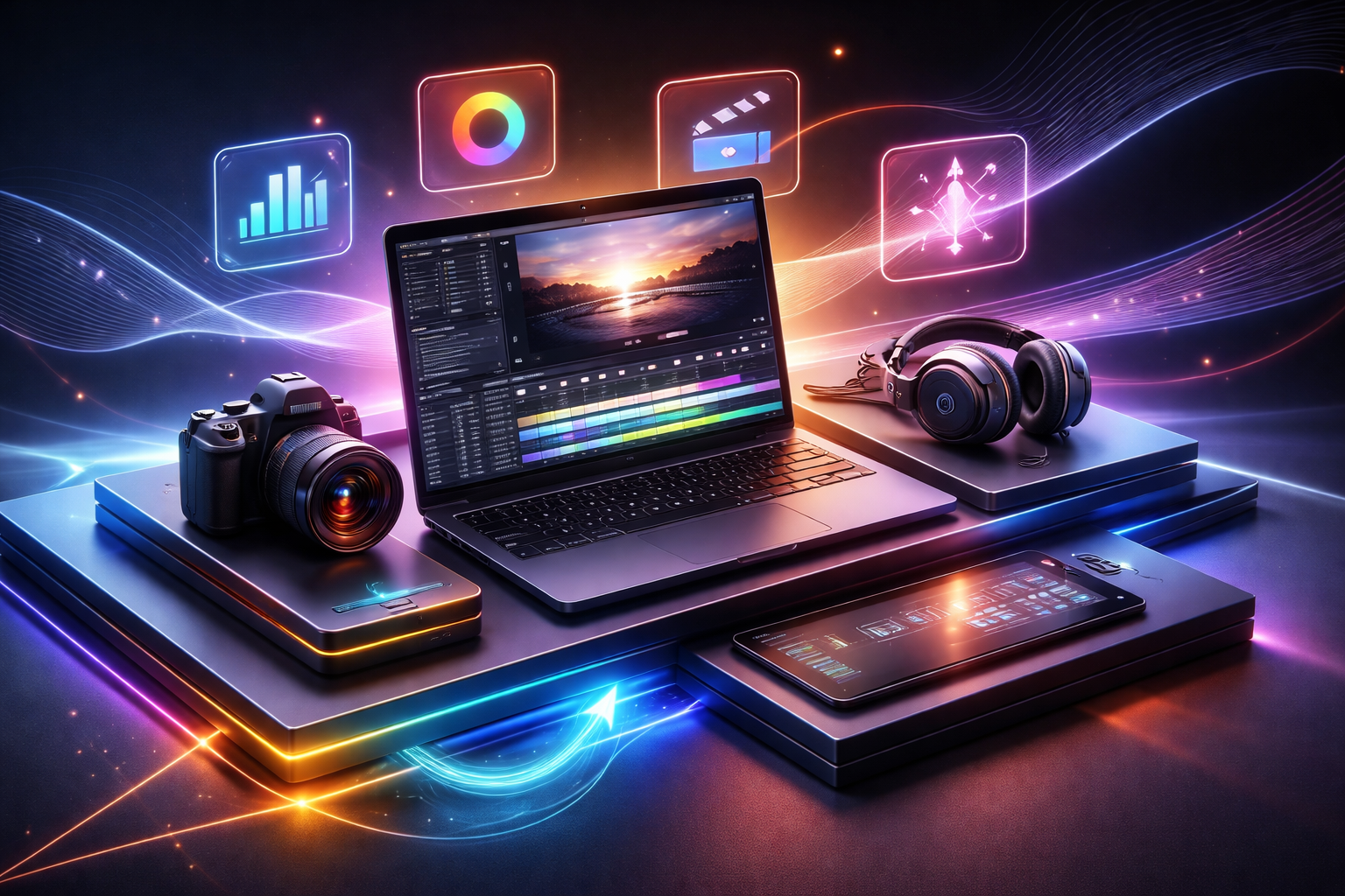 Premium editorial section illustration 1 for "Что именно пользователь ожидает по этому запросу" in context of "Sony Vegas Pro 2026: рабочий стек, ROI и практический сценарий для команды". Distinct visual angle, no people, no faces, layered product surfaces, abstract signals, cinematic light, crisp contrast, subject-focused, no text, no watermark, no logo, 16:9.