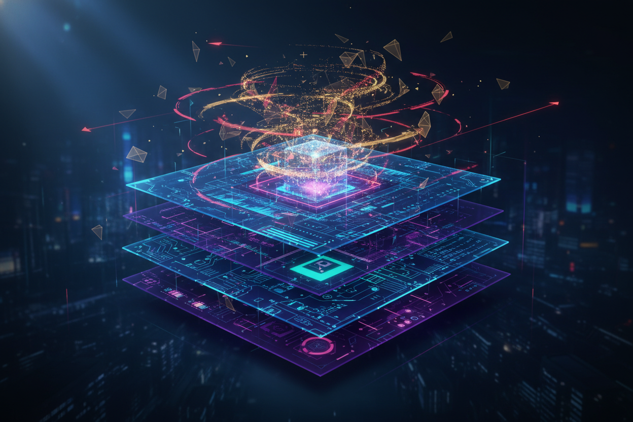 Premium editorial section illustration 2 for "Критерии выбора и сигналы риска" in context of "Sony Vegas Pro 2026: рабочий стек, ROI и практический сценарий для команды". Distinct visual angle, no people, no faces, layered product surfaces, abstract signals, cinematic light, crisp contrast, subject-focused, no text, no watermark, no logo, 16:9.