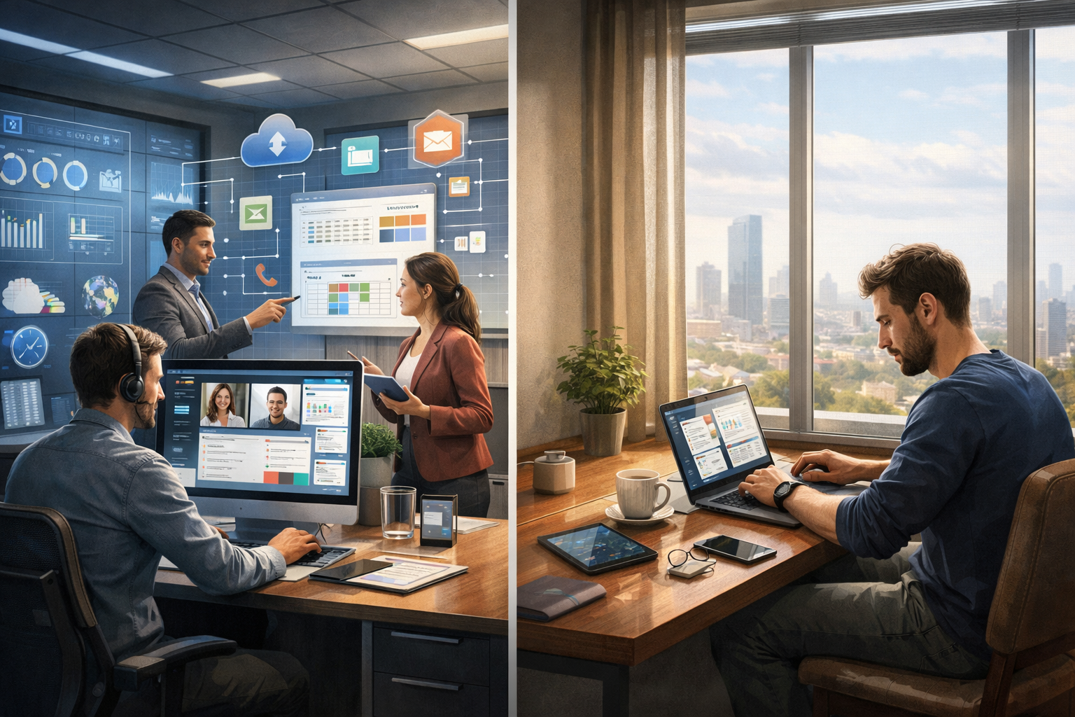 Editorial section illustration for "Рынок офисных решений 2026: Экосистема vs. Свобода" in context of "Microsoft Office в 2026: Полное руководство по выбору и внедрению". Subject-focused composition, realistic business environment, crisp details, natural contrast, no text, no watermark, no logo, no empty background, 16:9.