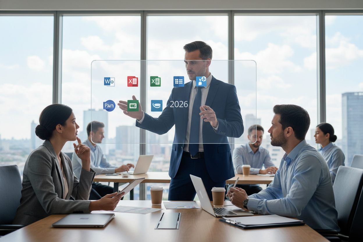 Editorial section illustration for "Критерии выбора: Когда Microsoft Office необходим?" in context of "Microsoft Office в 2026: Полное руководство по выбору и внедрению". Subject-focused composition, realistic business environment, crisp details, natural contrast, no text, no watermark, no logo, no empty background, 16:9.