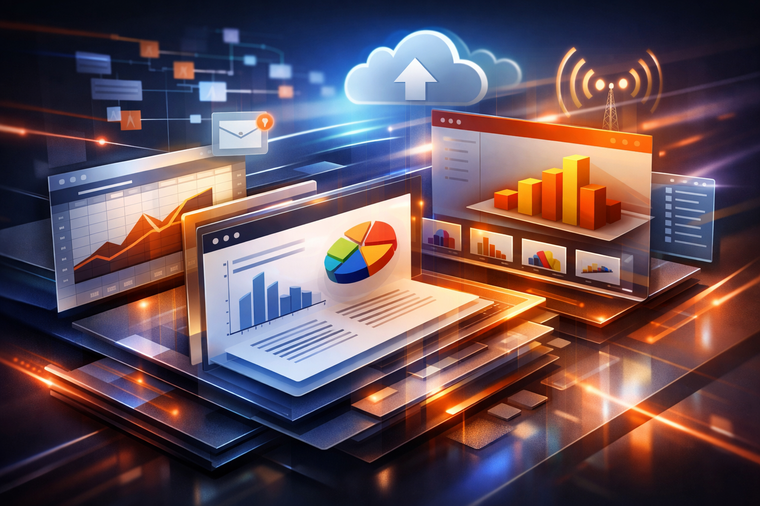 A group of diverse professionals collaborating in a modern office setting with laptops and technology.