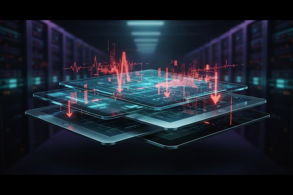 Premium editorial section illustration 2 for "Критерии выбора и сигналы риска" in context of "Anti Spyware 2026: практический разбор, альтернативы и рабочий сценарий для бизнеса". Distinct visual angle, no people, no faces, layered product surfaces, abstract signals, cinematic light, crisp contrast, subject-focused, no text, no watermark, no logo, 16:9.