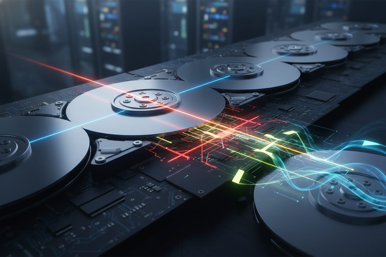 Premium editorial section illustration 2 for "Hard Disk Sentinel: Практический разбор функционала" in context of "Hard Disk Sentinel в 2026: разбор, альтернативы и защита данных". Distinct visual angle, no people, no faces, layered product surfaces, abstract signals, cinematic light, crisp contrast, subject-focused, no text, no watermark, no logo, 16:9.