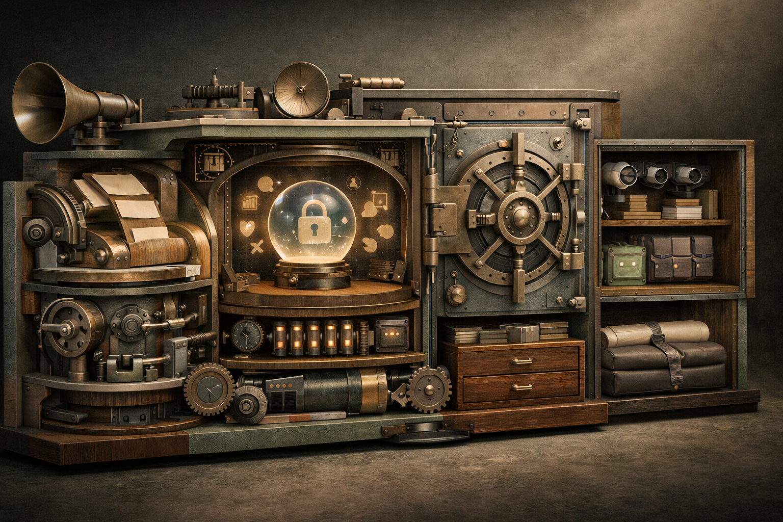 Cutaway blueprint environment revealing internal mechanics, precise geometry, and technical elegance. Article title: "Безопасность в 2026: практический разбор, альтернативы и рабочий сценарий". Section focus: "Что именно пользователь ожидает по запросу 'security' в 2026 году". Concrete concept to visualize: именно, пользователь, ожидает, запросу, security. Invent a specific metaphor tied to this section only; do not fall back to generic AI brains, neon circuits, or random dashboards. Color direction: sand beige, eucalyptus green, oxidized metal, dark walnut. Camera: side-on studio composition with dramatic rim light and subtle volumetric atmosphere. Use tactile materials, layered objects, visual hierarchy, and premium editorial polish like a cover story interior spread. No people, no faces, no hands, no readable UI text, no logos, no watermark, no empty dark voids. 16:9 landscape.