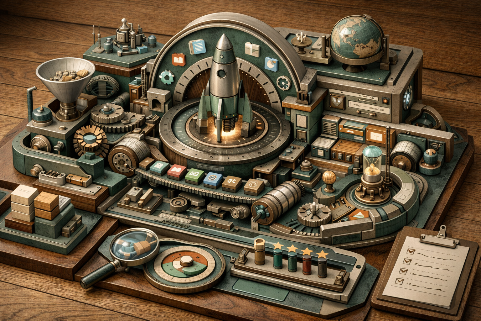 Cutaway blueprint environment revealing internal mechanics, precise geometry, and technical elegance. Article title: "RocketDock в 2026: сравнение, альтернативы и стратегия выбора для бизнеса". Section focus: "Что именно пользователь ожидает от RocketDock в 2026?". Concrete concept to visualize: именно, пользователь, ожидает, RocketDock, 2026. Invent a specific metaphor tied to this section only; do not fall back to generic AI brains, neon circuits, or random dashboards. Color direction: sand beige, eucalyptus green, oxidized metal, dark walnut. Camera: elevated 35mm view with strong leading lines and clear foreground-midground-background separation. Use tactile materials, layered objects, visual hierarchy, and premium editorial polish like a cover story interior spread. No people, no faces, no hands, no readable UI text, no logos, no watermark, no empty dark voids. 16:9 landscape.